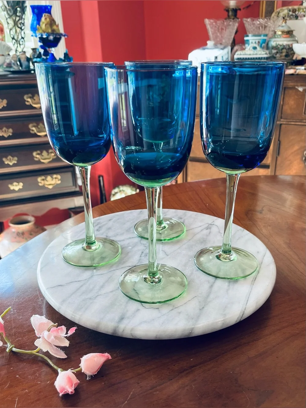 VTG Block Metropolis Festival Blue Green 9” Water Goblets Wine Glasses, 4-Set